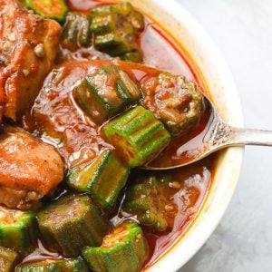 a big white bowl of okra stew