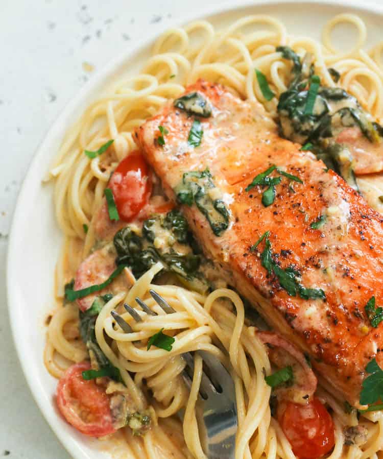 Creamy Tuscan Salmon on Pasta