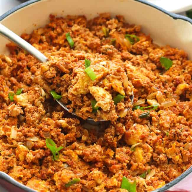 Serving chorizo and eggs from the skillet